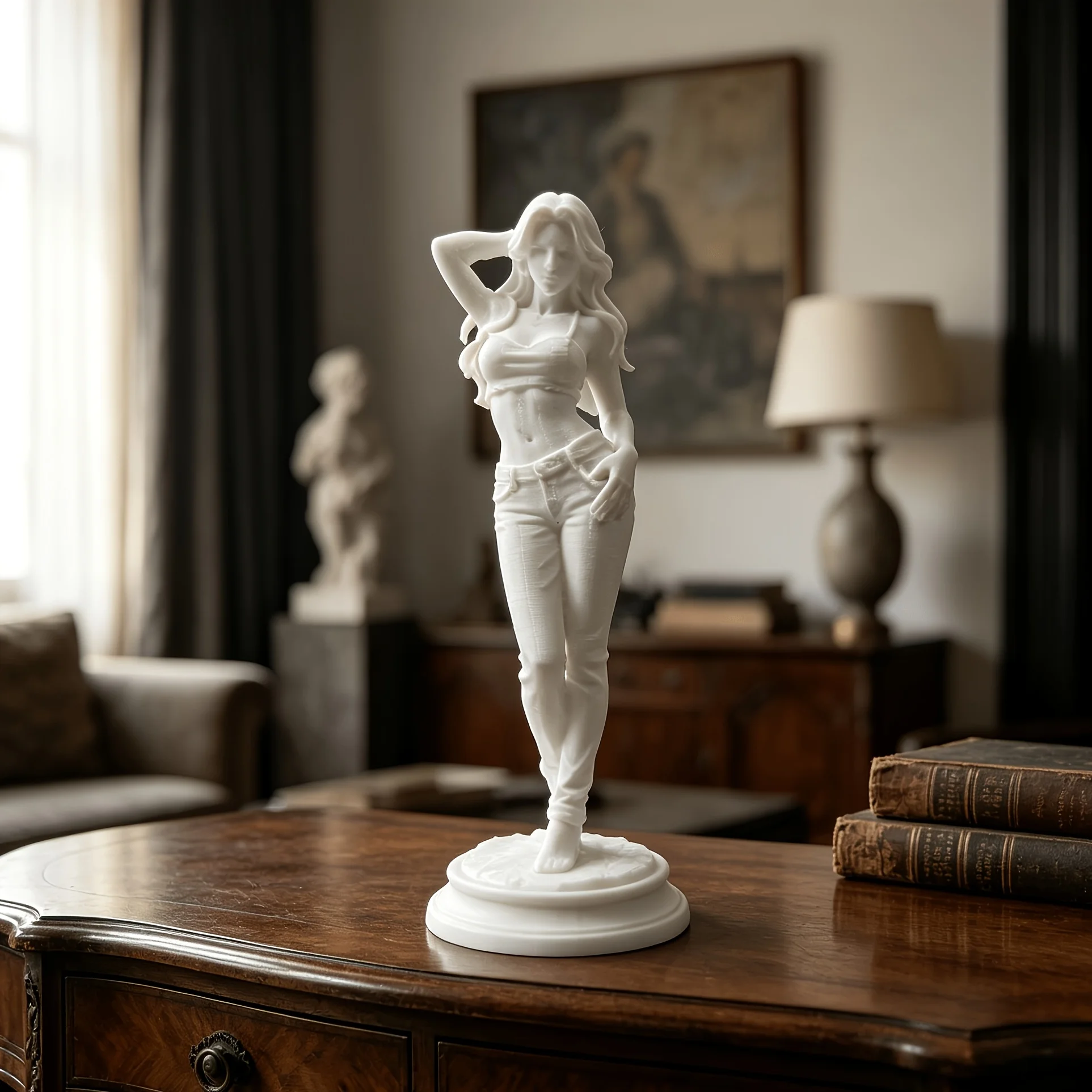 Curly Hair Lady Figurine 3D Print Sculpture Stylish Girl in Denim Pants Statue Ornament Tabletop Art Decoration Collectible Gift