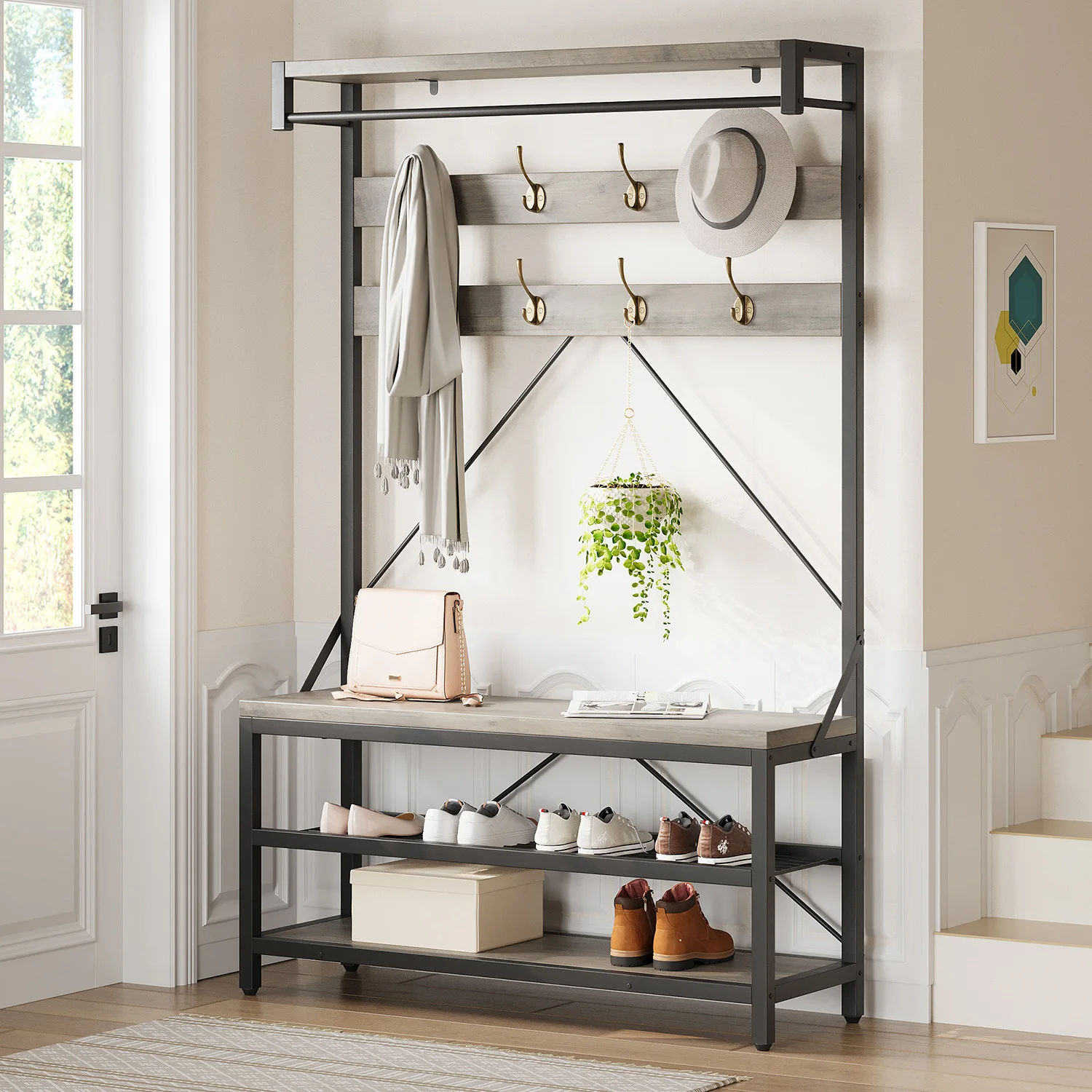 Industriële hal-kapstok met schoenenbank, 2-laags schoenenopbergruimte, haak, hangstang, metalen frame voor hal, kleedkamer, slaapkamer