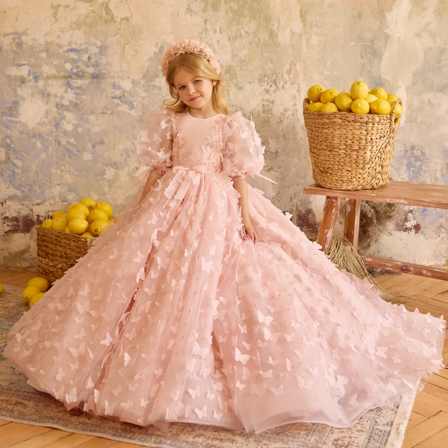 Vestido de Niña con Flores Rosa Pálido 2027, Mangas Abullonadas con Mariposas 3D, Vestido de Primera Comunión para Niñas Pequeñas, Traje de Fiesta de Cóctel, Vestido de Cumpleaños