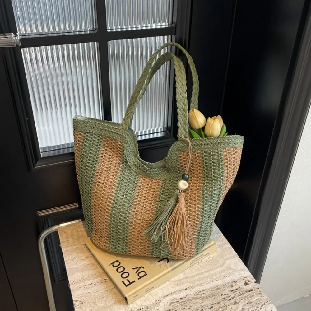 

Модная летняя соломенная вязаная крючком сумка для пляжного отдыха, полосатая сумка на плечо для отдыха, повседневные женские сумки для женщин/девочек