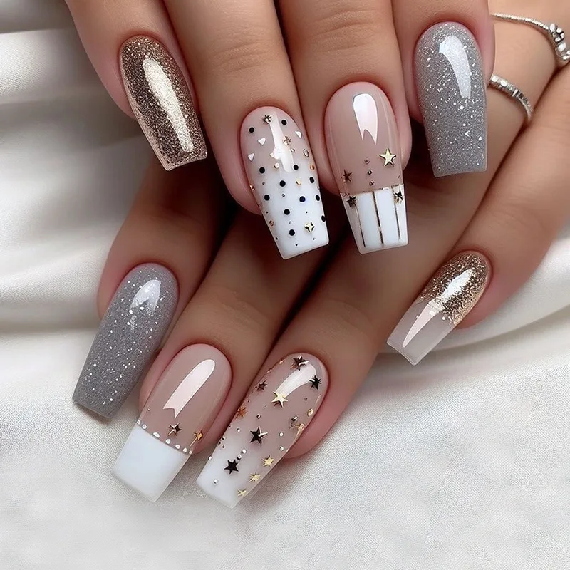 

24pcs Ballet Press on Nails Wearable Star Moon Full Cover Nail Tips Simple Glitter Mid-length Coffin False Nails White Fake Nail