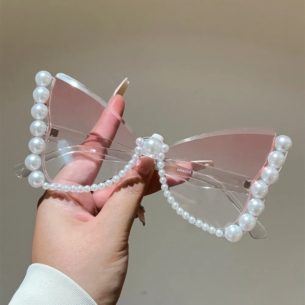 Pearl Embellished Butterfly Sunglasses Tinted Lenses Decorative Frame Pearl Sunglasses Stylish Plastic Frame Statement Eyewear