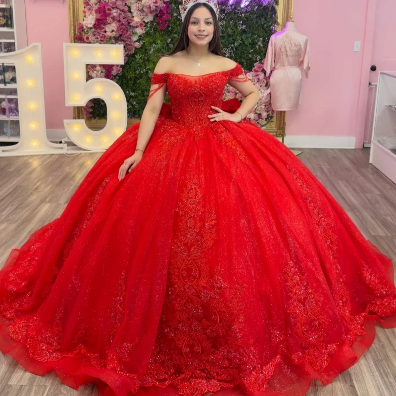 

Red Quinceanera Dresses Off the Shoulder Glitter Crystal Decal Long tail Bow Vestidoe 15 Quinceanera Customize
