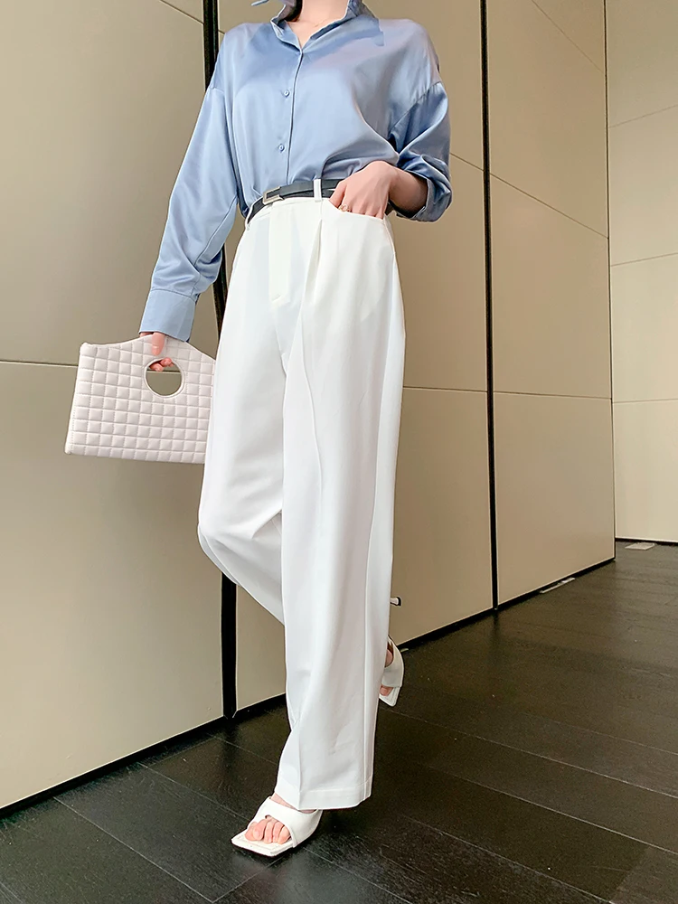 

White High Waist Wide Leg Pants Women's Loose Straight Cut Slimming Versatile Suit Pants Ele Dra Floor-Length