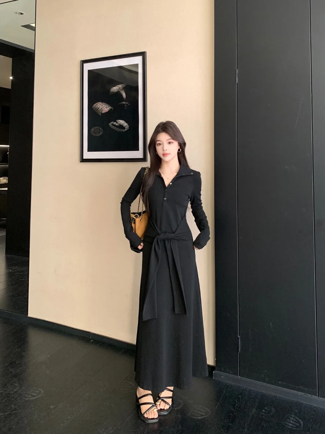 

plus Size Long Sleeve Button up Dress Slimming Design Belted Black Dress Korean Style Commute Autumn Winter New Arrival Women...