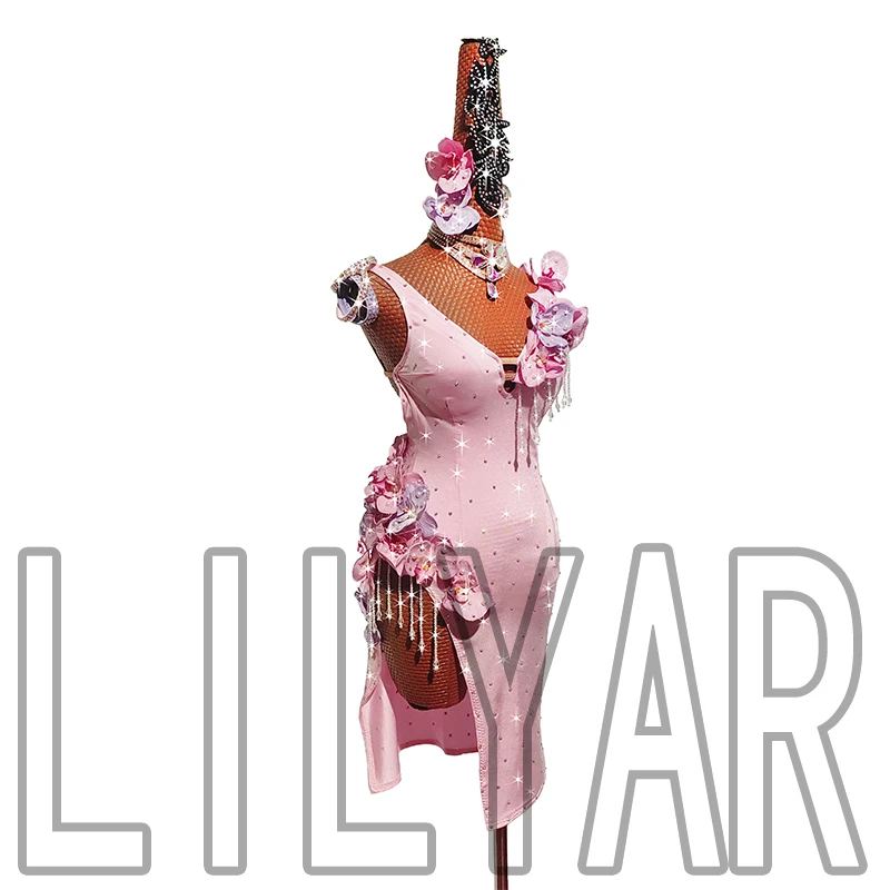 New Latin Dance Competition Performs Adult Girl Pink 3D Flower Pearl Sparkling Diamond Dance Dress