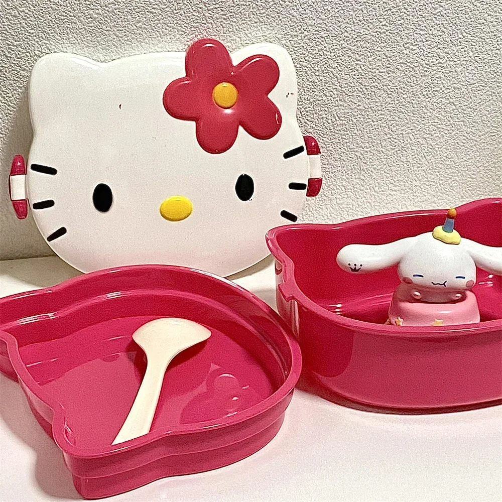 4PCS Set Cute Sanrio Hello Kitty Double-Layer Lunch Box Set with Fork Hellokitty Plastic Student Fruit Box Picnic Christmas Gift image 2
