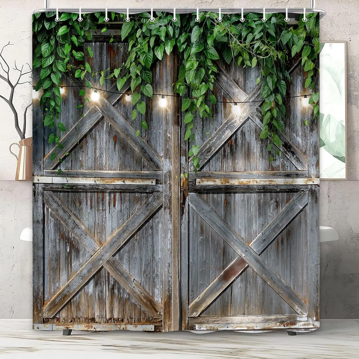 

Rustic Wooden Barn Door with Vines and Lights Pattern Waterproof Shower Curtain 180x200cm Farmhouse Style Bath Home Decor