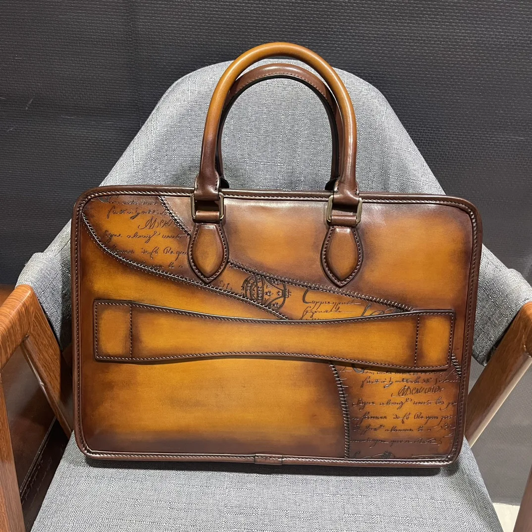 Handmade Vintage Togo Genuine Venezia Leather Briefcase Laptop Messenger Bag Portfolio Attache Business Case man patina handbag