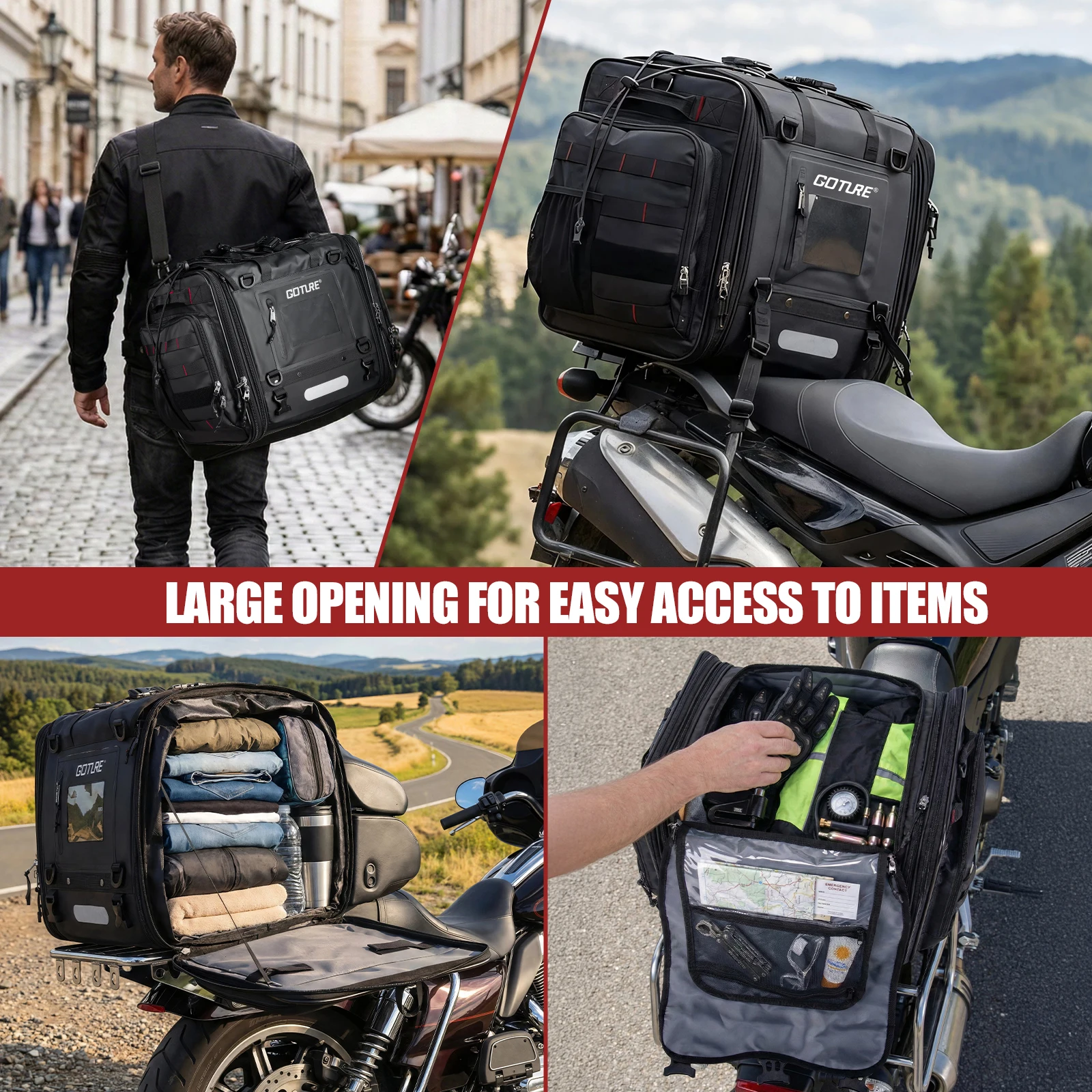 

Сумка для мотоциклетного багажа Goture 50-70 л, водонепроницаемая, из прочной ткани, с 304 карабинами, светоотражающей полосой и дождевиком, для всех мотоциклов