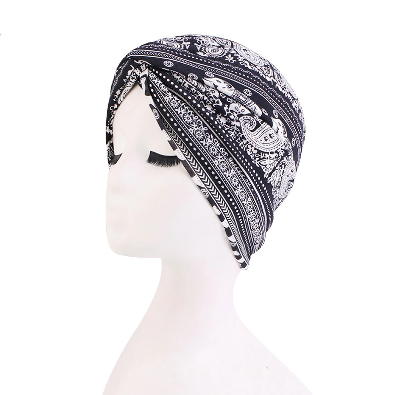 Women Muslim Inner Hijab Cap Folding Stretch Floral Print Twisted turban Head Wrap Bandanas Cancer Chemo Cap Hair Accessories