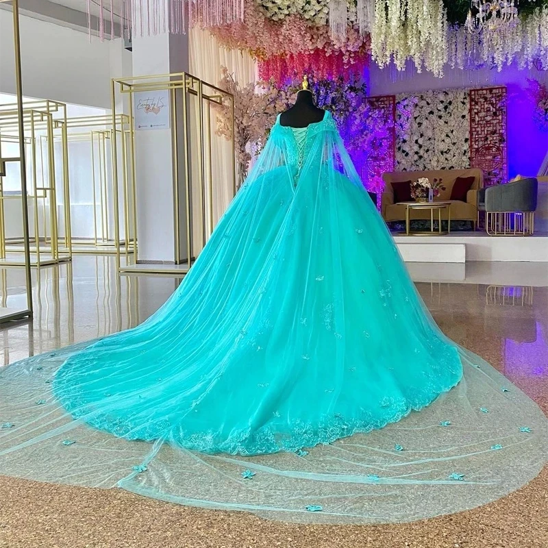 Vestidos De quinceañera con hombros descubiertos, vestido De fiesta Formal con capa larga, apliques De princesa, 15 Años