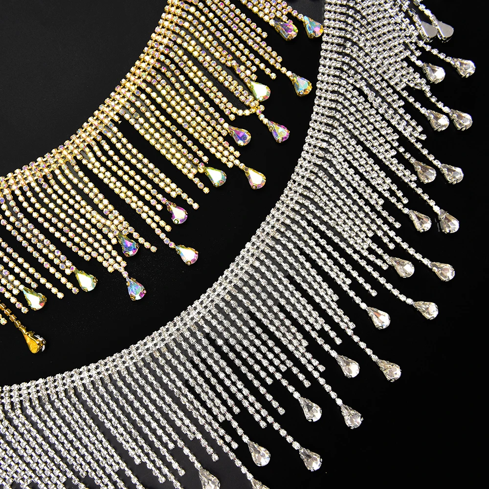 Diy Glass Teardrop Rhinestone Fringing Crystal Chain Strass Tassels Wedding Decoration Sew On Garment Banding Necklace Trim