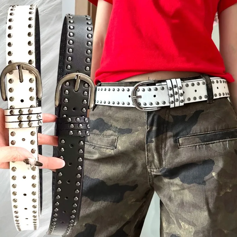 

Ремень из искусственной кожи в стиле панк, женский ремень с металлическими заклепками, модный тренд в стиле хип-хоп, аксессуары для джинсов Y2K, белый, черный ретро-ремень, пояс