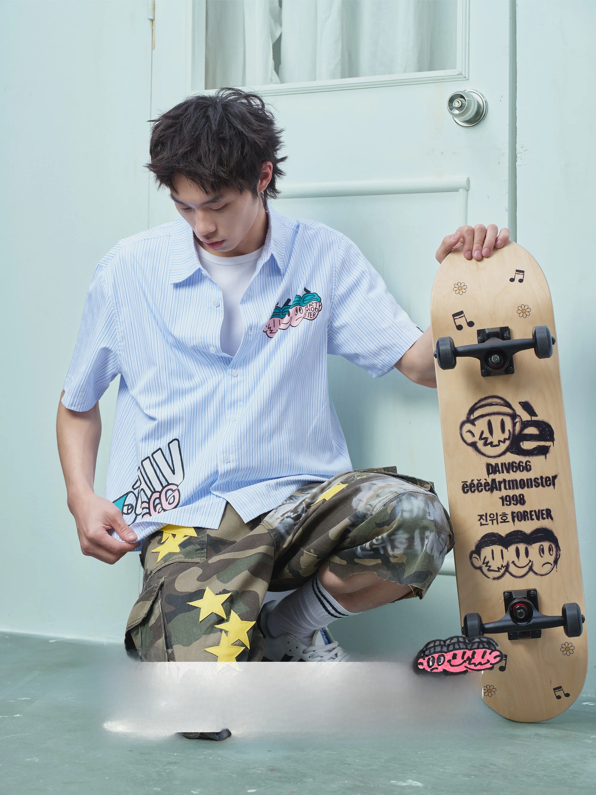 

Retro Striped Short Sleeve Shirt 'My Slogan' Eeee X Daiv Unique Design Sensation Street Style Polyester Cotton Blend Summer Wear