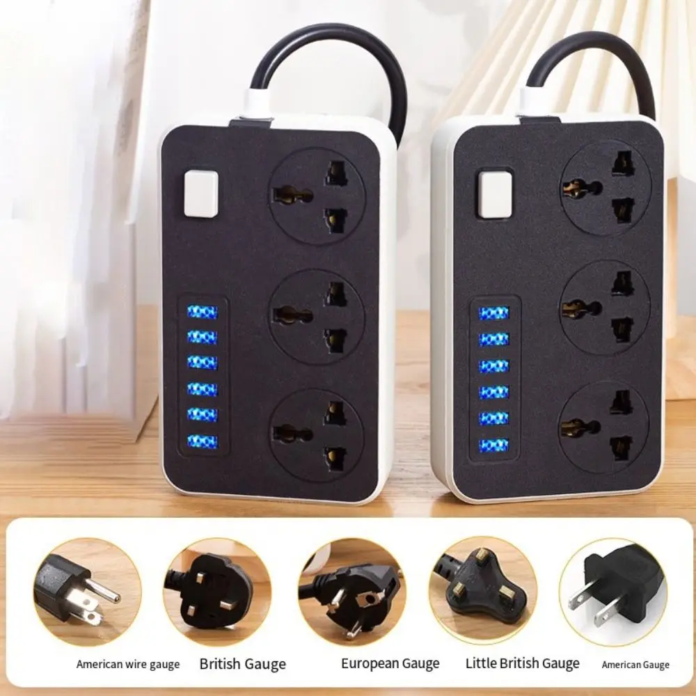UK EU US Outlet Power Strip 2m Extension Cord 3-Outlets Surge-Protected Power Strip Power Button Safe Independent Switch