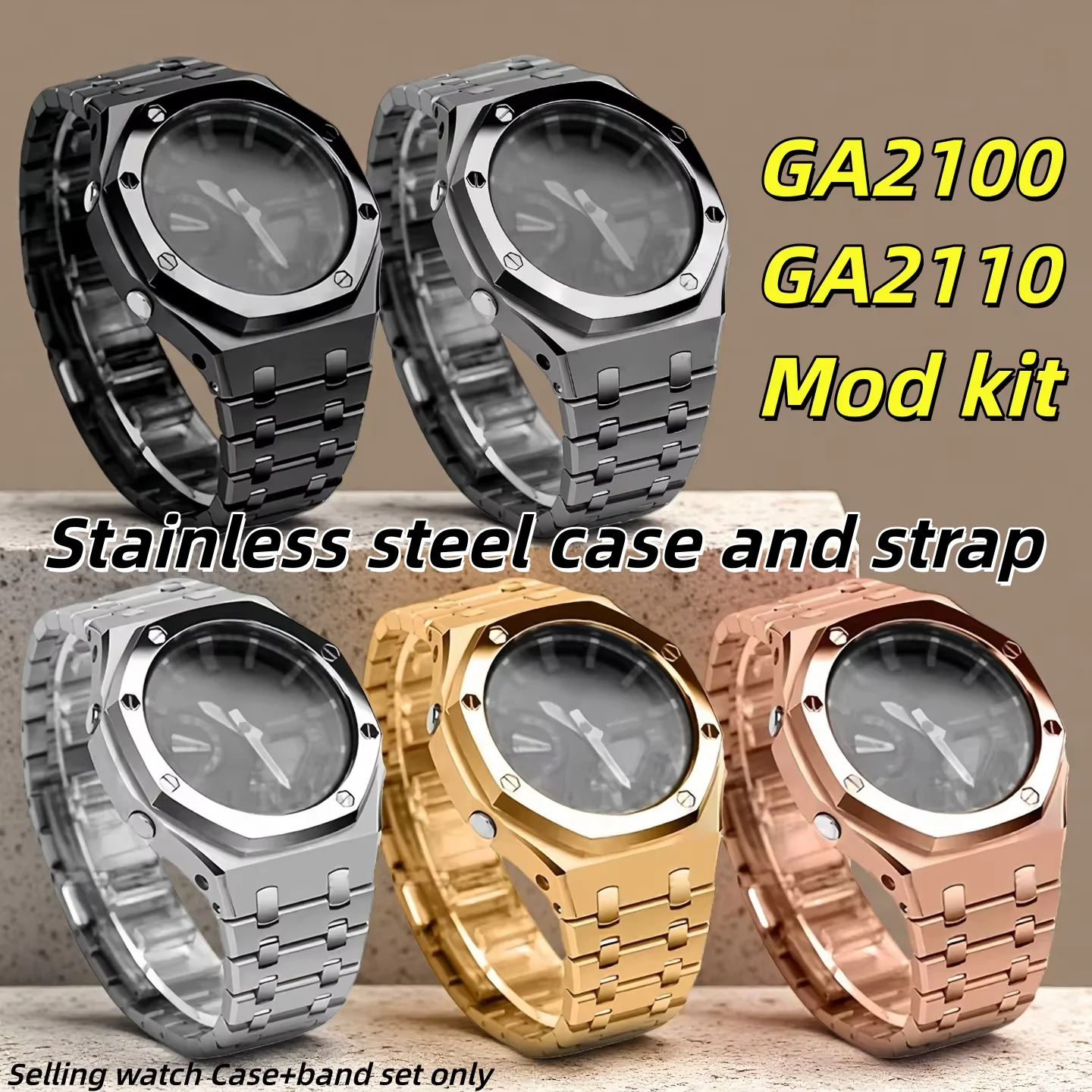 For Casioak GA2100 Mod kit Stainless Steel Case Strap | GA-2100 GA-2110 GA-B2100 Upgrade polished metal case watch band parts
