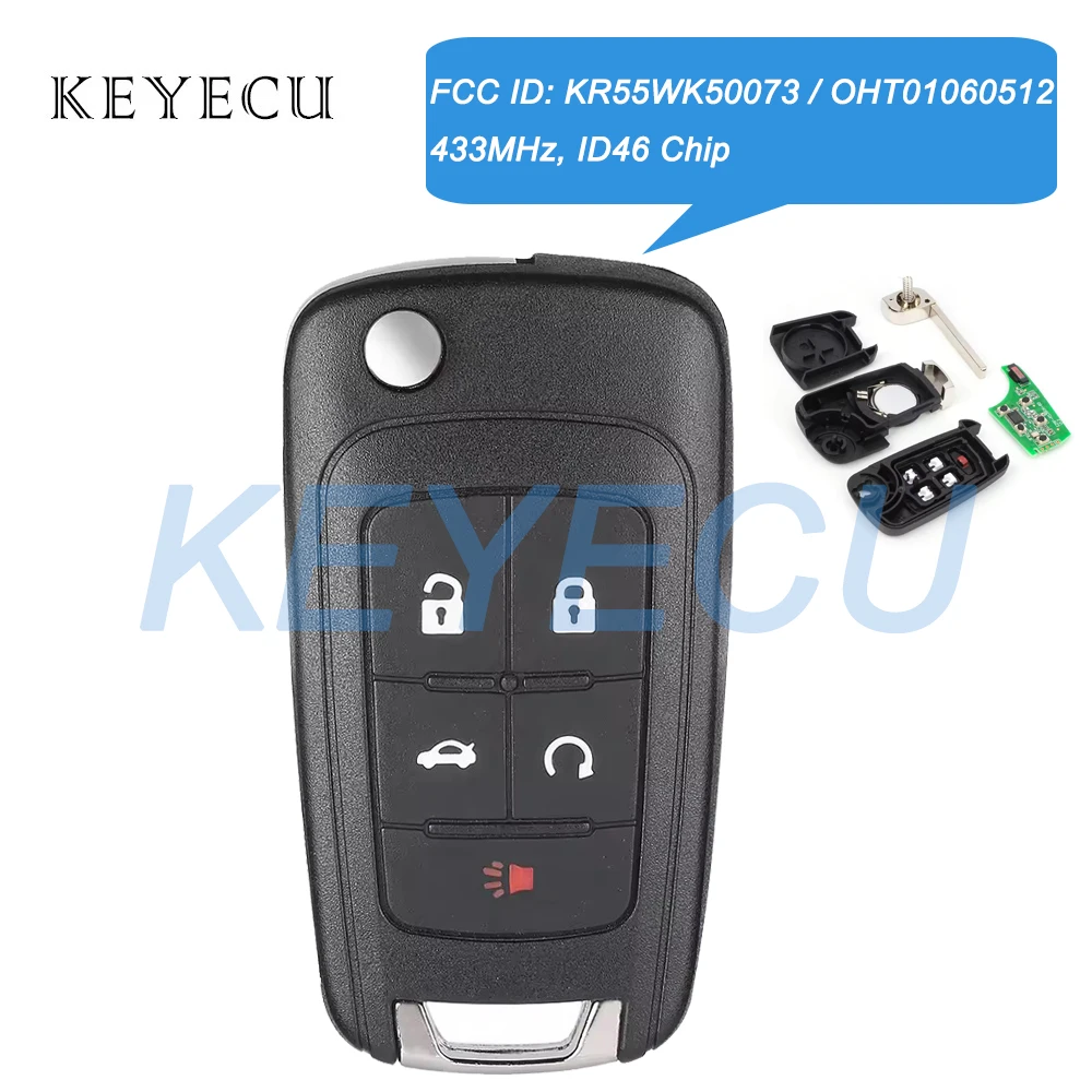 Keyecu 5 Buttons Flip Remote Car Key Fob 433MHz ID46 Chip for Chevrolet Malibu Impala Cruze FCC ID: KR55WK50073, OHT01060512