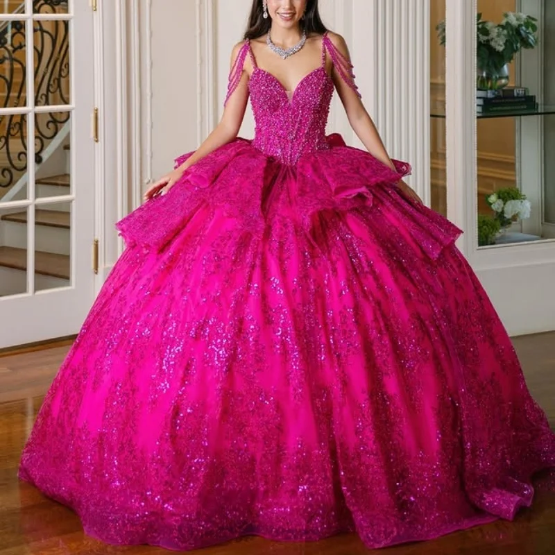 

Shiny rose pink Quinceanera Dress glitter flower Decal Long tail layering Bow Vestidos De 15 Quinceanera ﻿Customize