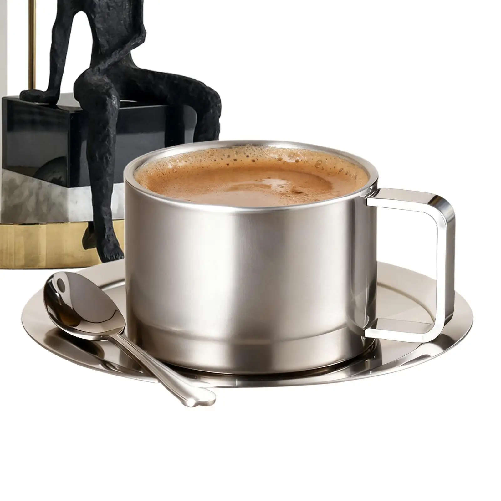 

Двухслойная кружка, набор из 3 предметов, кофейная кружка из нержавеющей стали 304, термостойкая чашка для молока с блюдцем, ложкой, подставка для столовых приборов, набор посуды