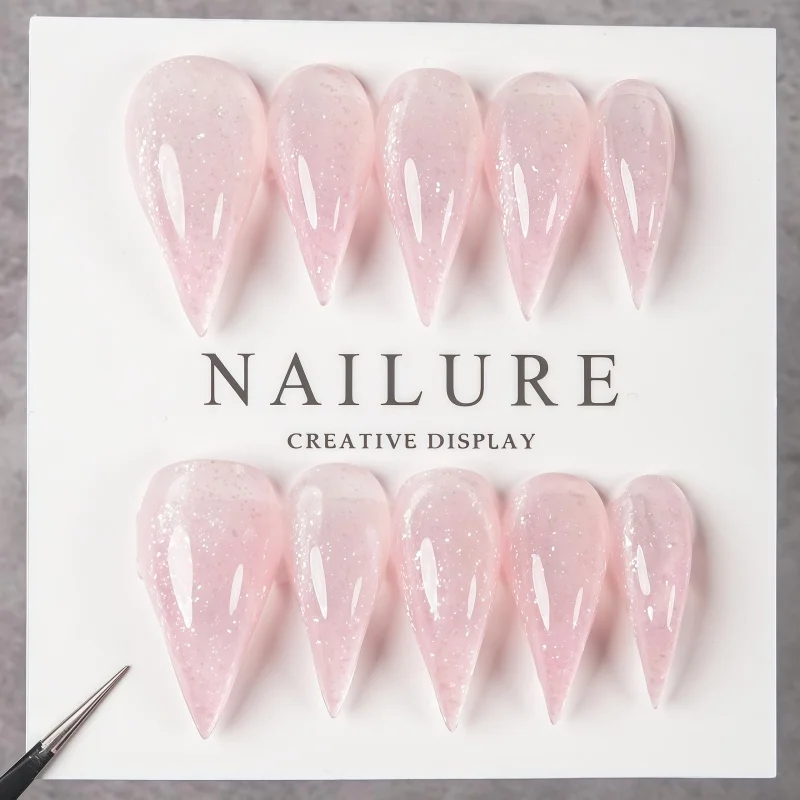 10PCS Extra Long Pale Pink Shimmer Stiletto False Nails, Reusable Glitter Stick on Nails
