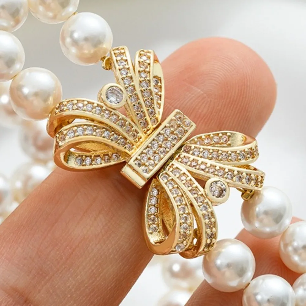 

1 шт., медные застежки, 14-каратное золото, циркониевая лента, бант, двухрядная жемчужная пряжка, браслет ручной работы, соединительная пряжка, аксессуары