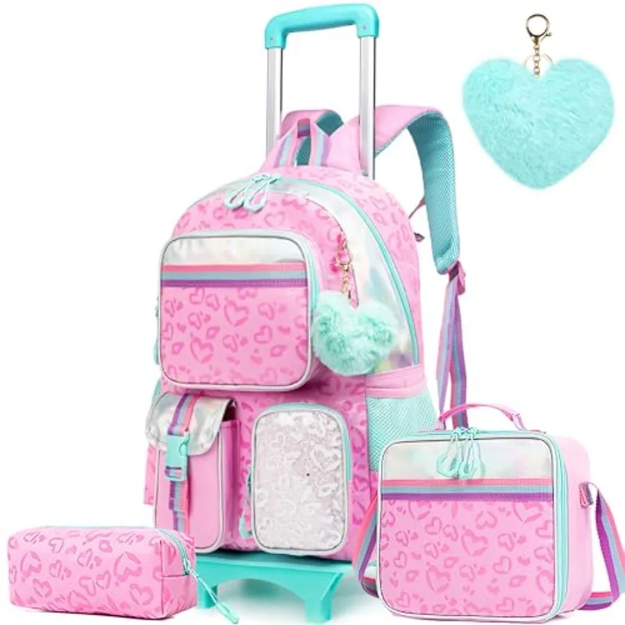 

Girls' Rolling Backpack with Wheels - Cute Kawaii Carry On Backpack with Lunch Box for Elementary Students