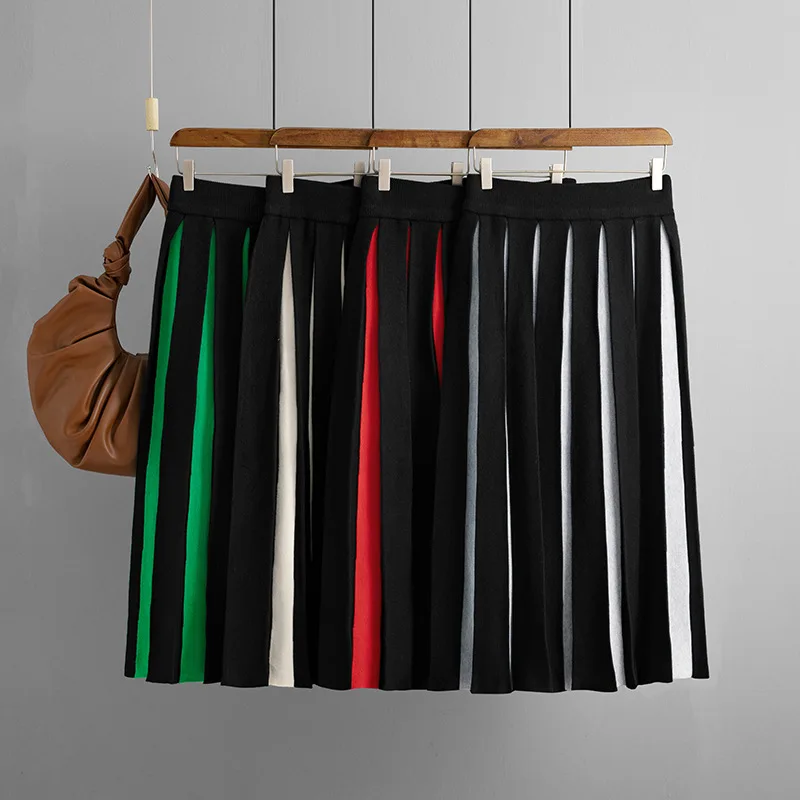 

Retro Korean Version Color Blocked Striped Knitted Skirt High Waist Slimming Pleated Skirt Fashionable Mid Length Skirt CQ195