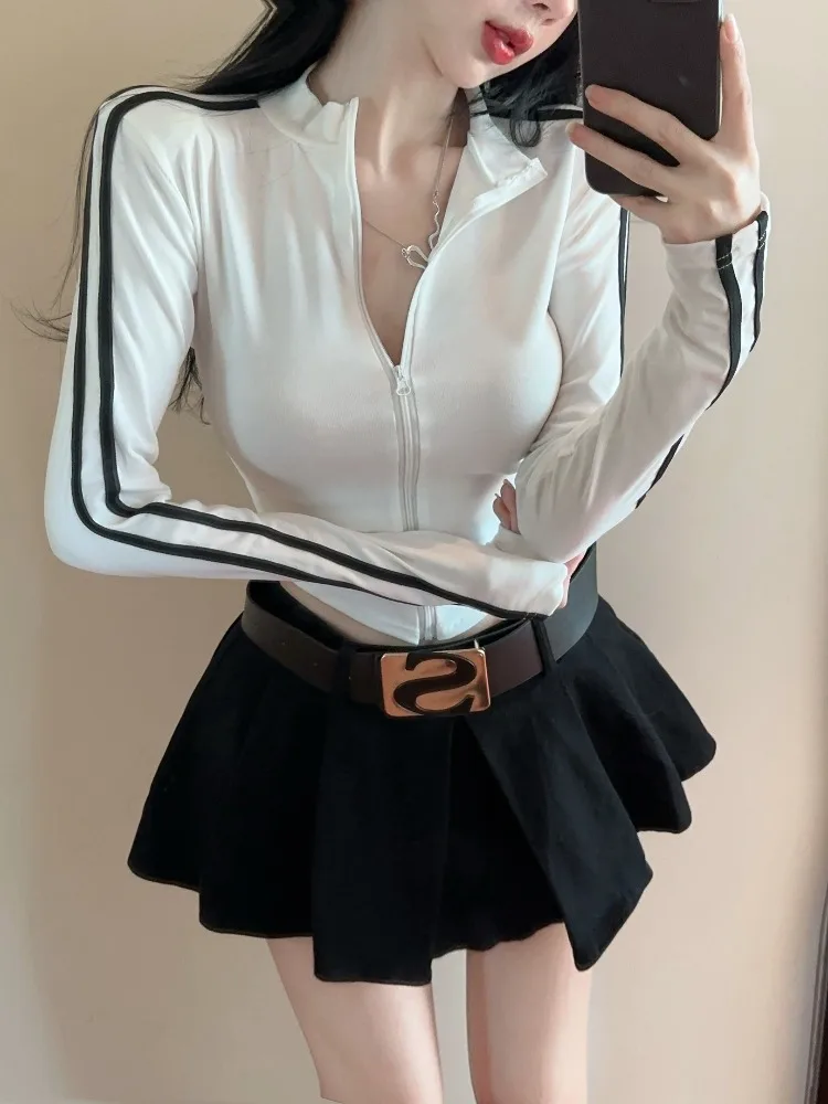 

Retro American Striped Shirt Zipper Long Sleeve Women's Autumn Fashionable Elegant Outerwear Sporty High Waist Design