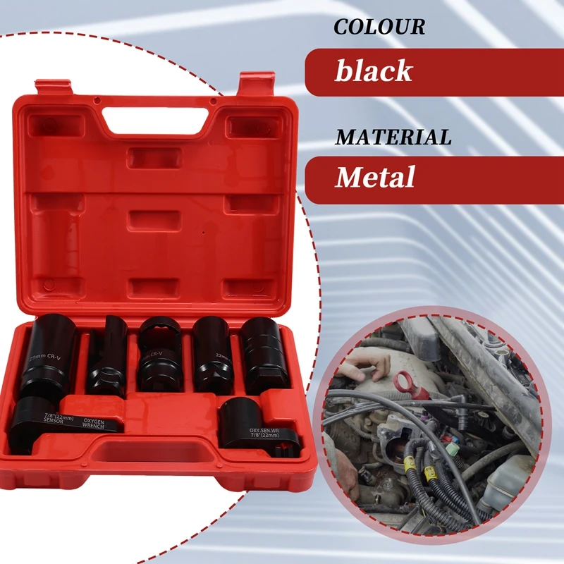 ABZY-7Pcs Universal O2 Oxygen Sensor Socket 6 Point Wrench Tool Remover Installer Set Sensor Removing Tool Kit