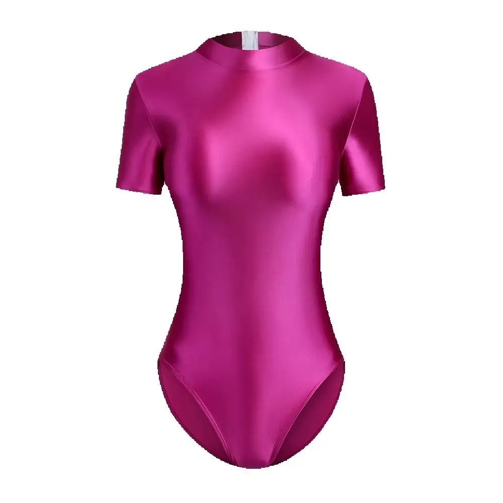 MJINM Satin Glossy Tights Oil Slip Smooth Back Zipper Short Sleeve One Piece Swimsuit Silky Yoga Sportswear Swimwear Leotards