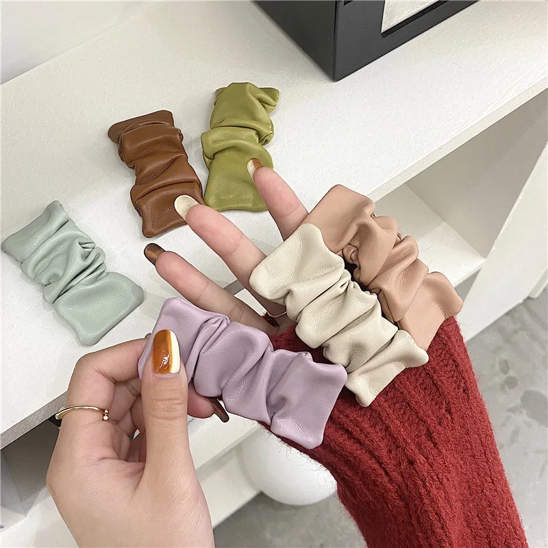 HUANQI 2021 Vintage Pleated Pu Leather Colorful Side Bangs Clip Barrette Rectangle Hairpin for Women Girls Hair Accessories