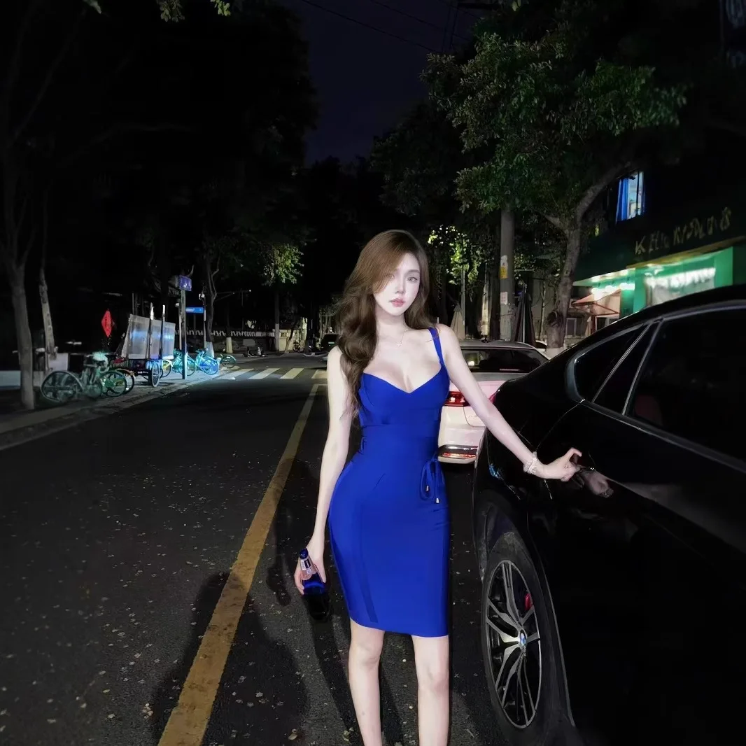 

Sexy Blue Bandage Dress for Women Luxury 2025 Summer Spaghetti Strap Belt Midi Dresses Fashion Elegant Celebrity Evening Gowns