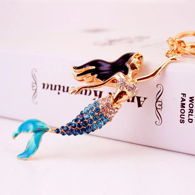 Cute Rhinestone Crystal Mermaid Keychain Animal Beautiful Fish Key Chain Key Ring Holder Bag Pendant Accessories Keyring