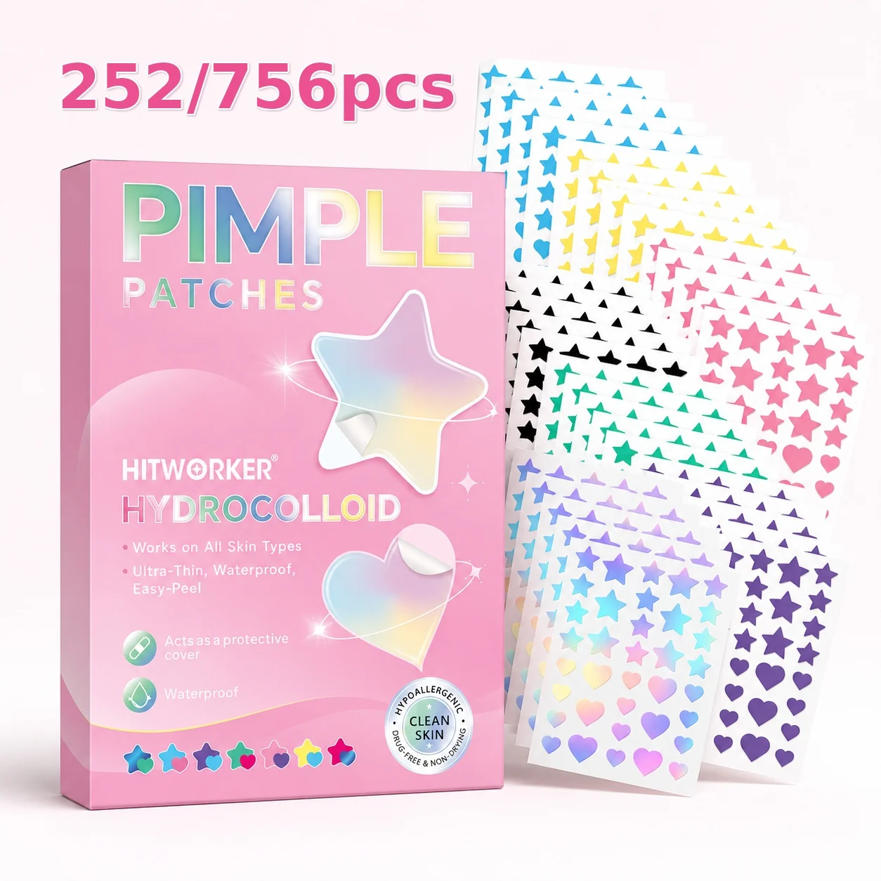 756/252pcs Pimple Patch – Gentle and non-irritating, effectively covers acne and blemishes; Star and Heart-shaped multi