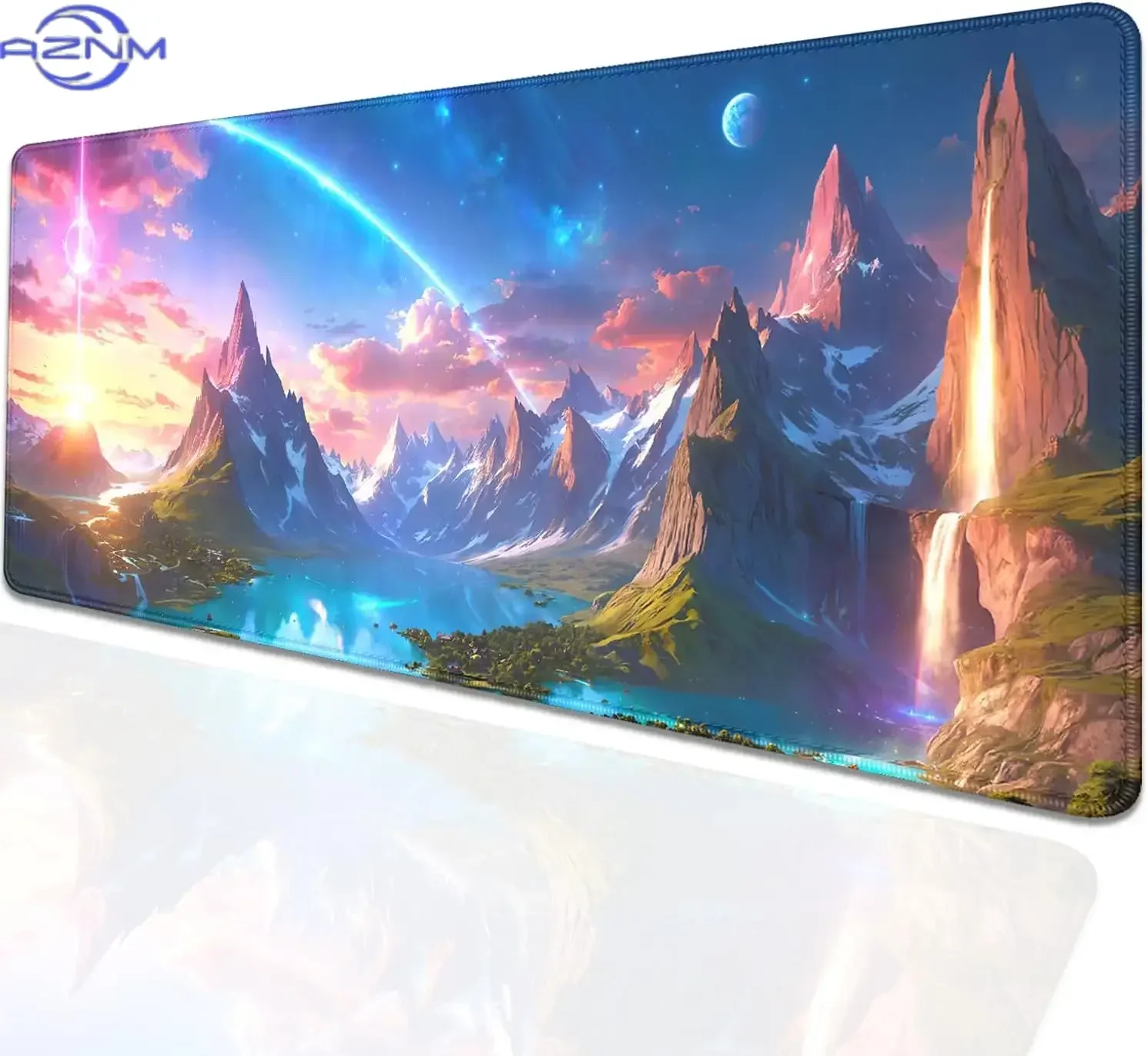 Magical Sunset Mountain Mouse Pad, Cosmic Star Lake Waterfall Pattern Non Slip Desk Mat for Gamers Office Home Keyboard Desktop