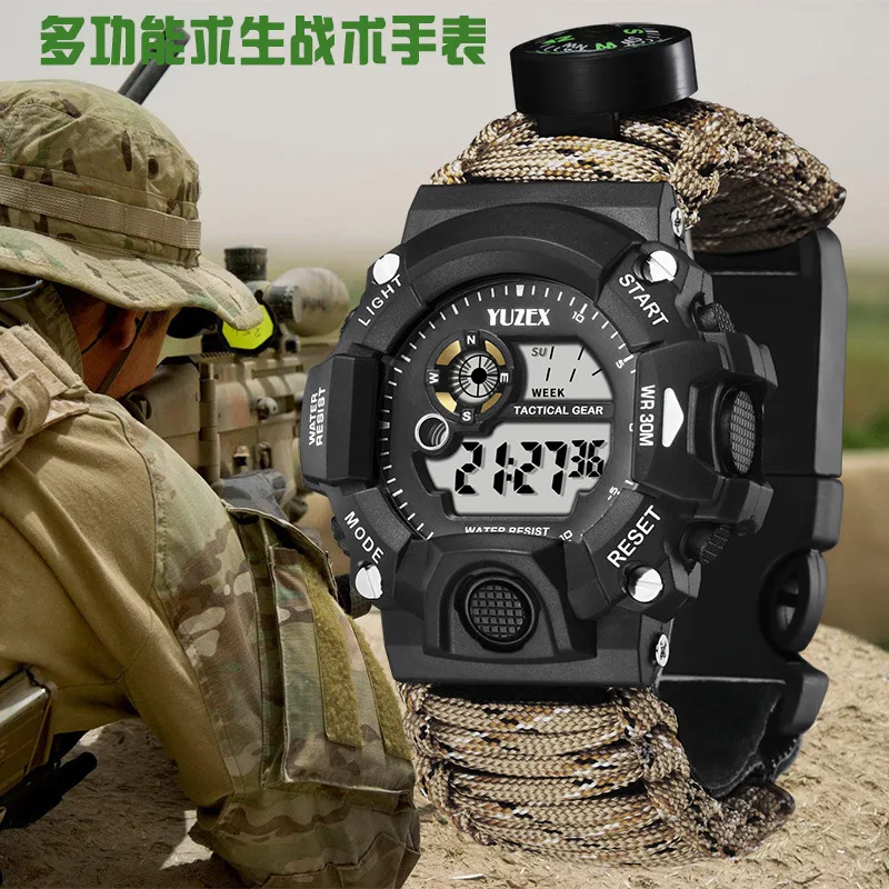 Outdoor Multifunctional Umbrella Rope Waterproof Watch Outdoor Survival Bracelet Sports Watch Strap Sparkstone Whistle Compass