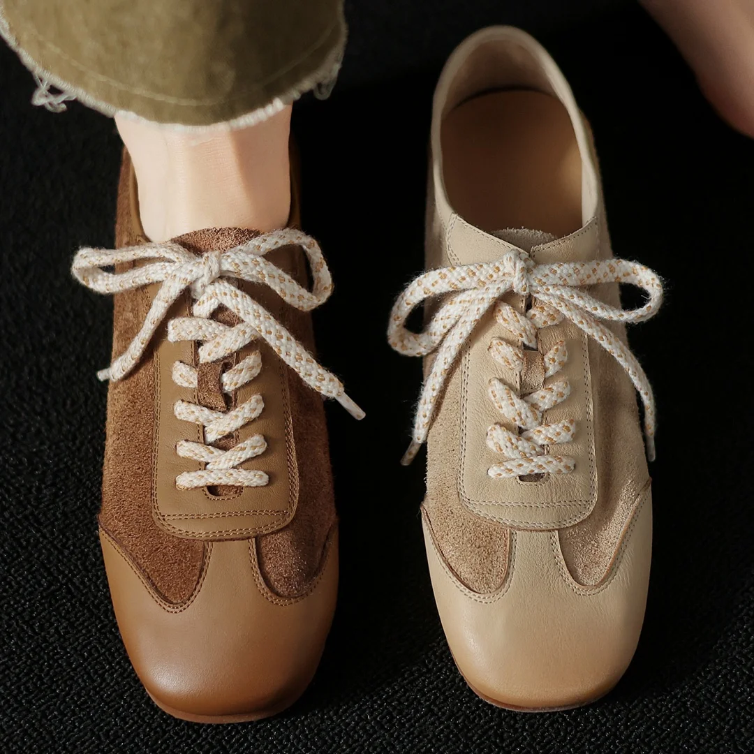 Women\'s genuine leather patchwork lace-up flats sneakers leisure high quality soft comfortable daily walking shoes for woman hot