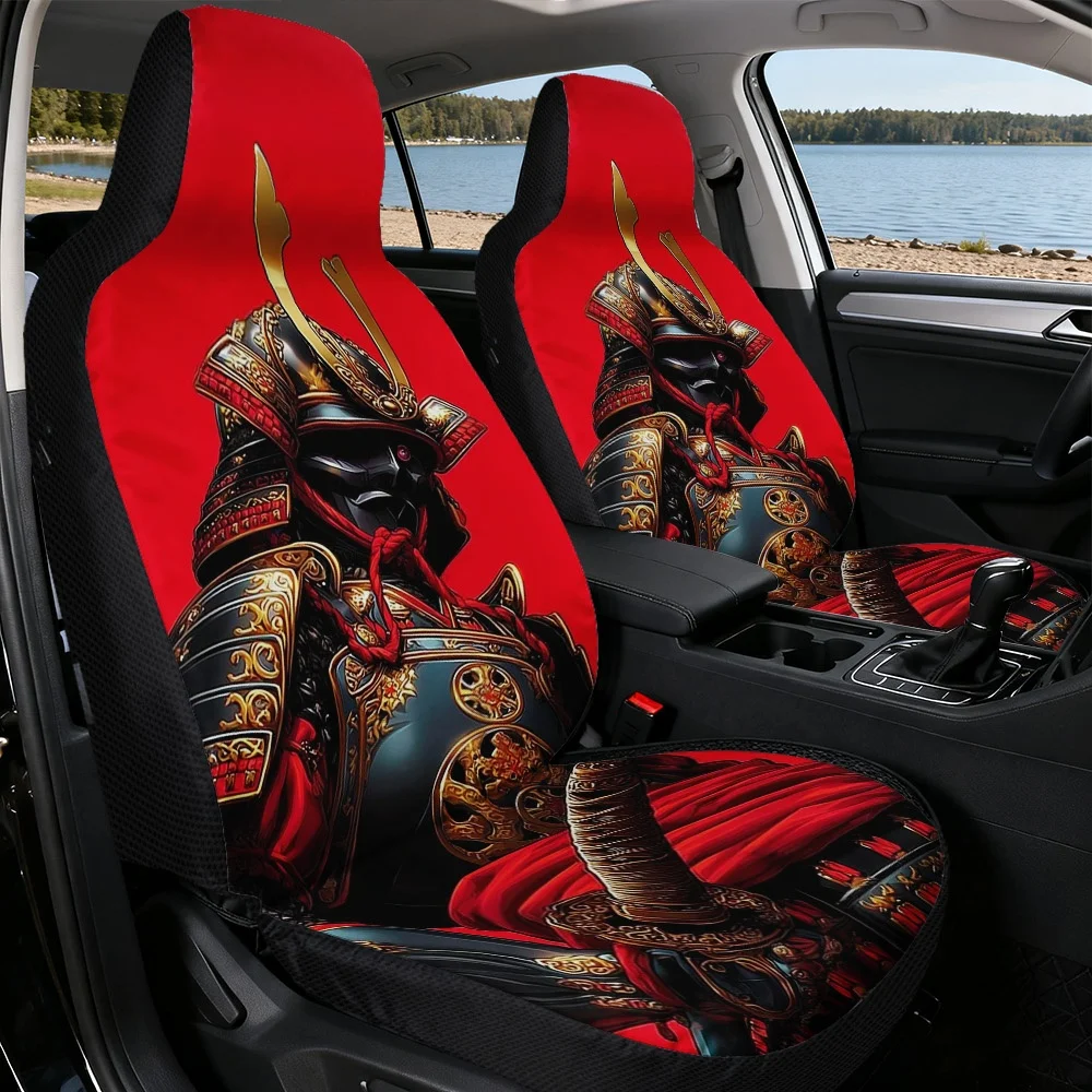2D Flat Printing, 2pcs Car Seat Covers, Universal Fit Front Seats, Samurai Warrior Portrait Pattern, Durable, Soft Seat Covers,