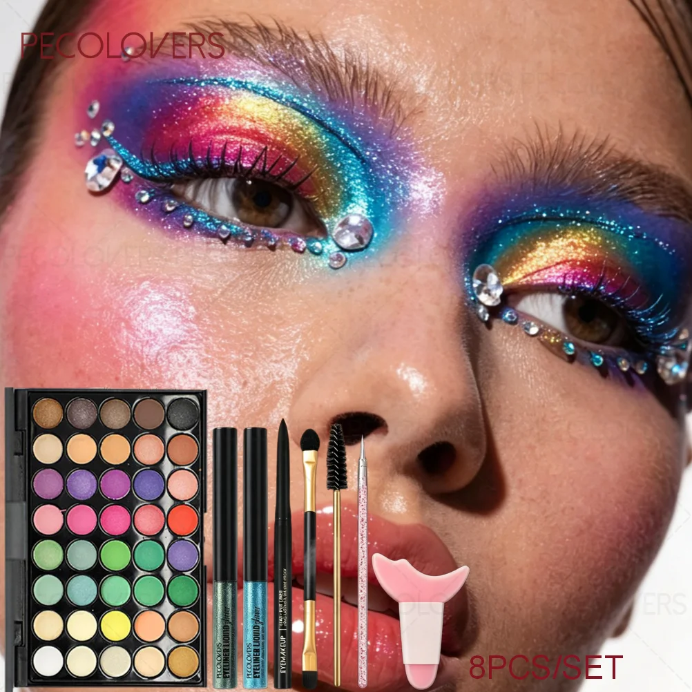 8PCS/SET Halloween Carnival Eye Makeup Collection, Eyeshadow Palette, Sparkle Liquid Eyeliner, Black Eyeliner, Eye Brushes