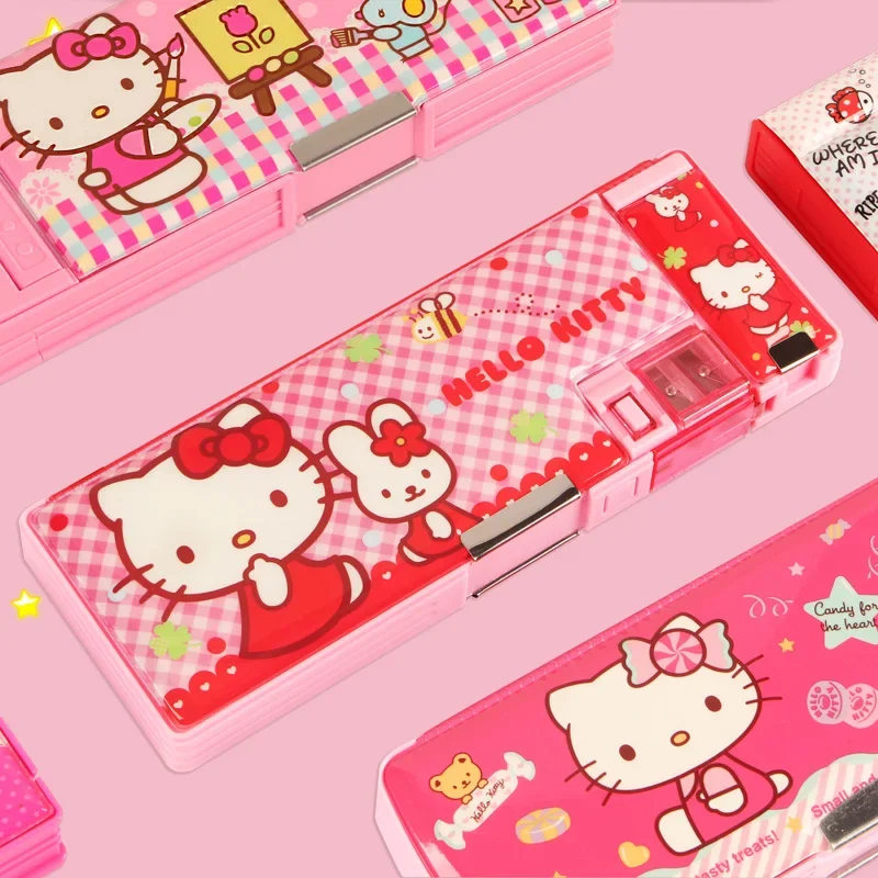 Sanrio Hello Kitty Pencil Case Double-Sided Stationery Box Multifunctional Barbie Pen Box with Pencil Sharpener School Supplies