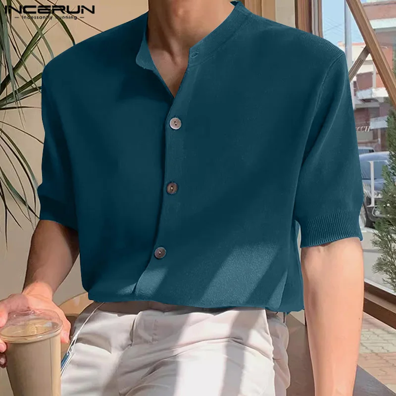 

INCERUN Tops 2024 Korean Style Handsome Men Solid Knitted Design Shirt Stylish Casual Hot Sale O-neck Short Sleeved Blouse S-5XL