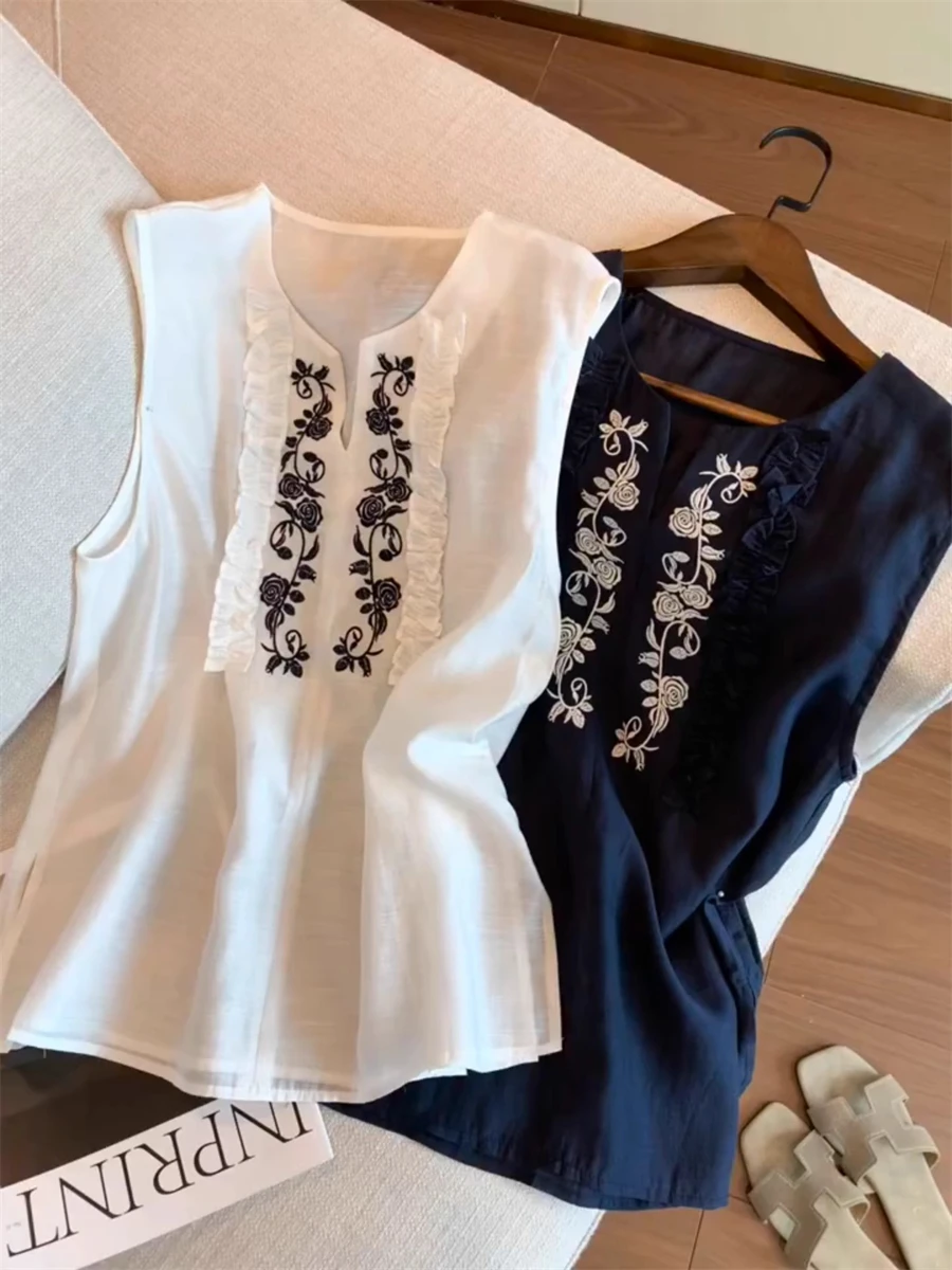 Faionable Retro Wooden V-ne Svel Vest Women's Summer Design Slimming Top Trendy Embroidered Casual Wear