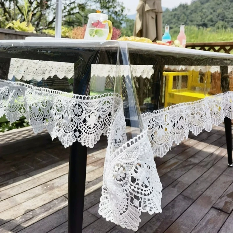 PU Waterproof Oil Resistant Transparent Table Mat, No Wash Lace Edge Tea Table Cloth, Crystal Board Soft Glass Dining Tablecloth