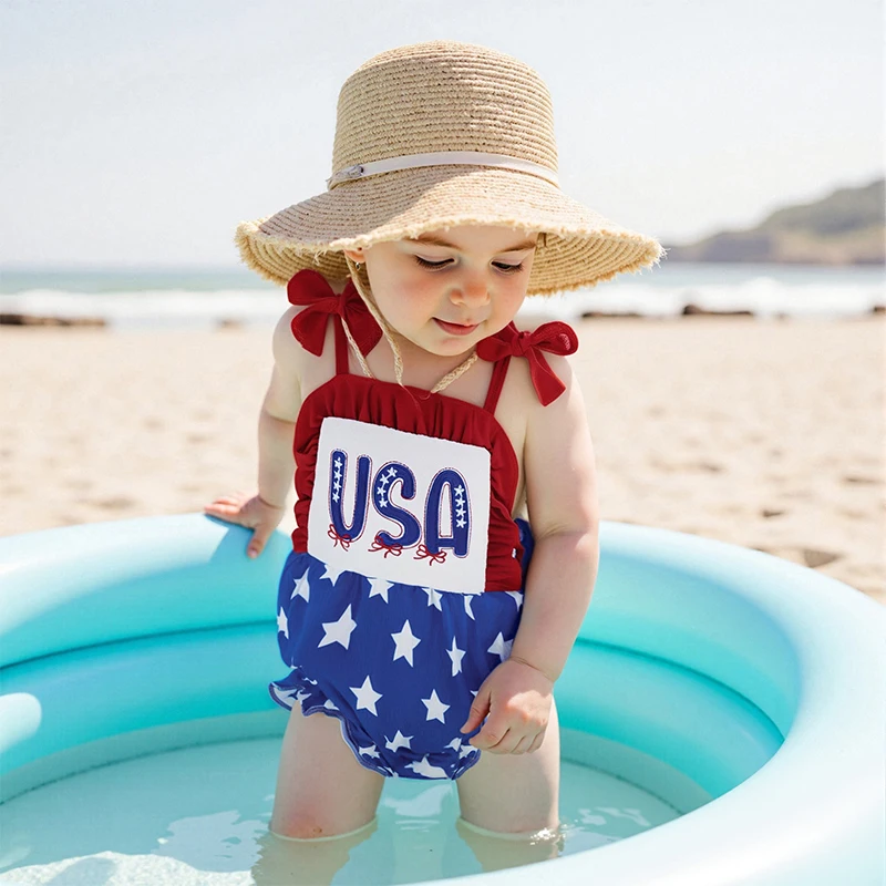 

Women s Patriotic American Flag Print Off Shoulder Romper Sleeveless Star Stripe Jumpsuit with Tie Shoulder Detail