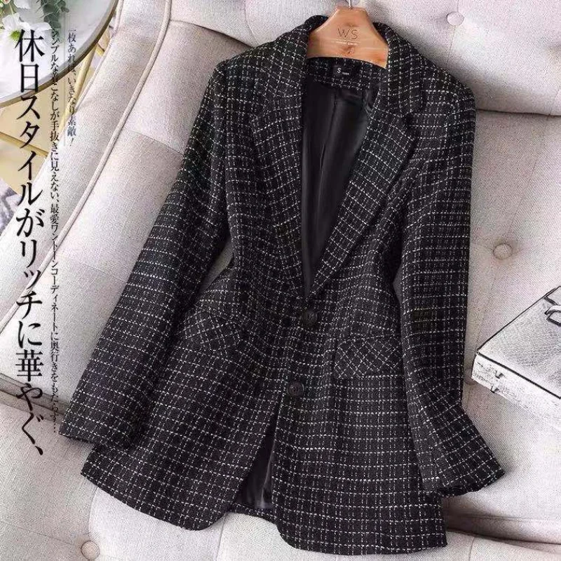 Formal Korean Plaid Tweed Women Slim Blazers Oversized 5xl Office Elegant Coats White/Black Vintage Work Wear Outwear New 2023