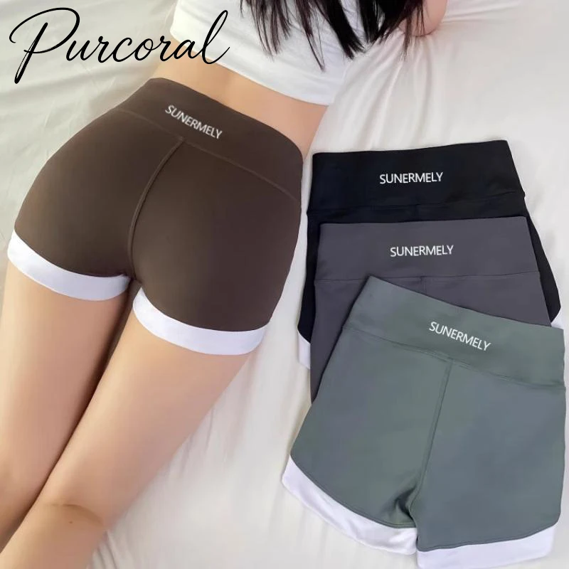 2026 Women High Waist Biker Shorts Waistband Contrast White Hem Workout Shorts Slim Fitness Yoga Shorts  Athletic Sport Shorts