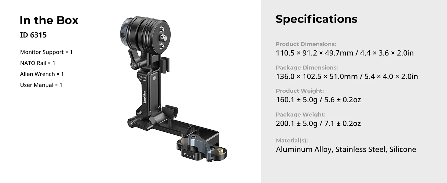SmallRig L-förmige Monitorhalterung, stufenlose Dämpfungseinstellung, Schnellmontage mit 2 Kabelklemmen, höhenverstellbar 6315 – Detail 10