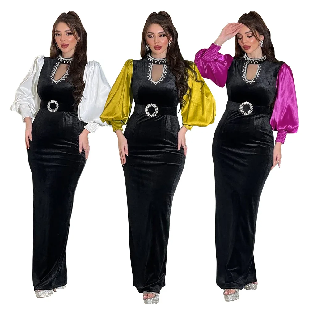 

Ramadan Dubai Middle East Arab Moroccan Islamic Muslim Women's Luxury Fashion Abaya Contrast Robe Slim Zipper Velvet Dress