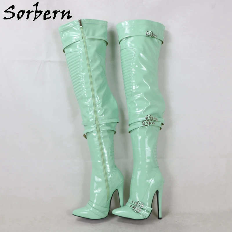 Sorbern Mint Green Over The Knee Boots Women Fetish High Heel Stilettos Inside Zipper Multi Straps Pointed Toe Custom Wide Fit